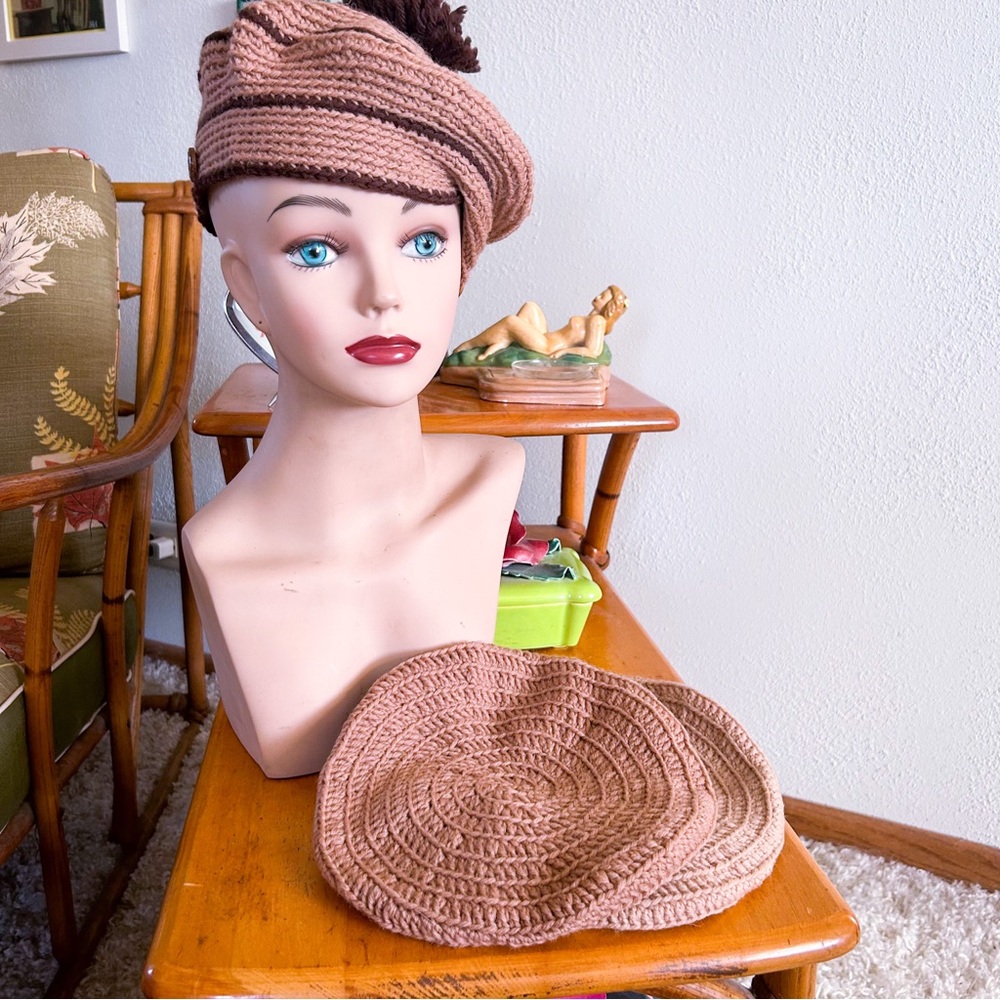 Vintage Hat Lot | Beret | Crochet Knit | Brown Beige | 60s | 40s | 30s